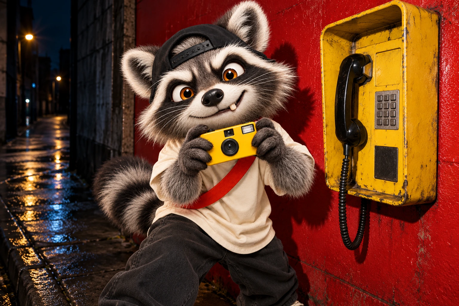 Raccoon with a yellow camera by a red wall and a yellow payphone on a wet street at night
