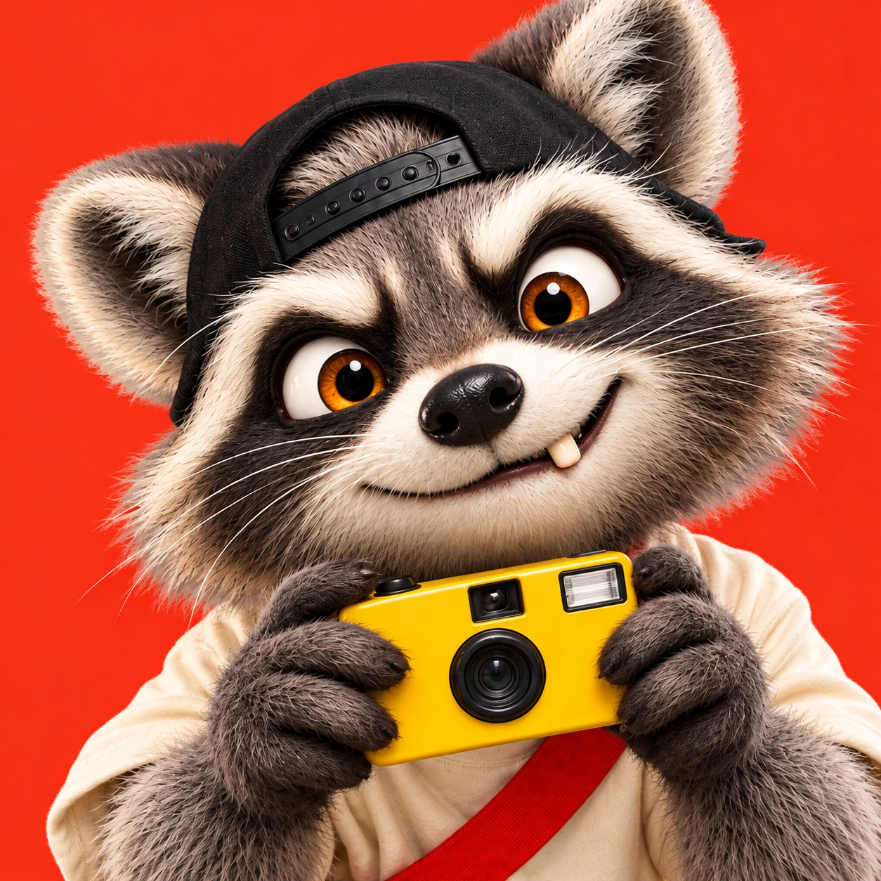 Raccoon close-up on flat red, yellow disposable camera under his chin, crooked tooth out